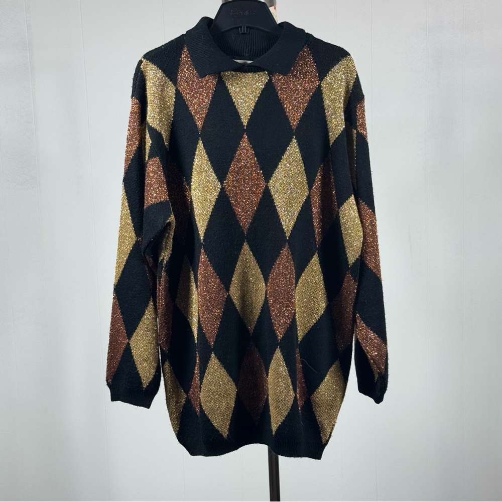 Alfred Dunner Vintage Metallic Argyle Knit Sweater with Collar, size XL